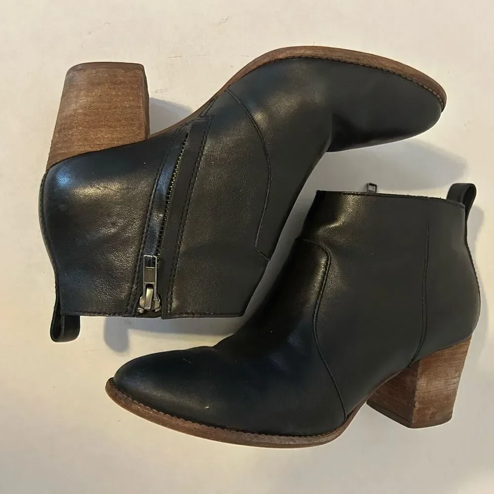 Madewell Brenner Black Leather Ankle Bootie Side Zip Stacked festival 7 boho hip